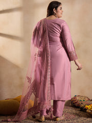 Floral Embroidered Sequinned Straight Kurta with Trouser & Dupatta