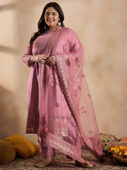Floral Embroidered Sequinned Straight Kurta with Trouser & Dupatta