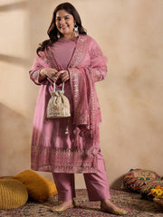 Floral Embroidered Sequinned Straight Kurta with Trouser & Dupatta