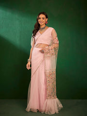 Pink Floral Embroidered Ruffled Zari Sequined Saree
