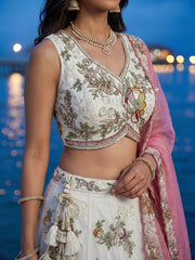 Women's Cream Tissue Woolen Embroidered Lehenga Choli with Dupatta