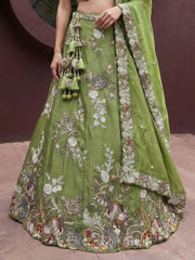 Women's Pista Tissue Woolen Embroidered Lehenga Choli with Dupatta