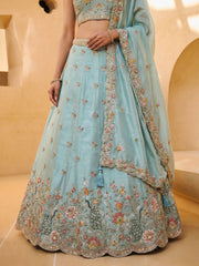 Women's Aqua Blue Organza Zarkan, Multi-Color Thread, Golden Sequin Embroidered Lehenga Choli with Dupatta