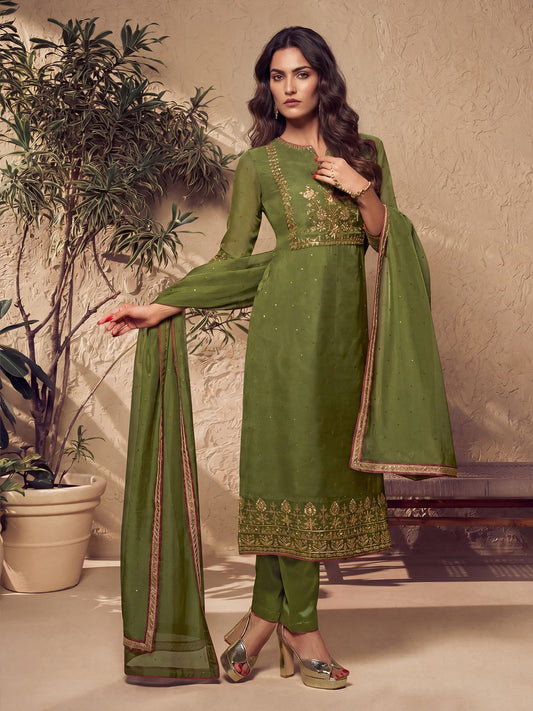 Mehndi Green Zari and Mukaish Embroidered Yoke Design Stright Kurta Set