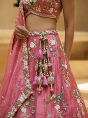 Women's Pink Tissue Woolen Embroidered Lehenga Choli with Dupatta