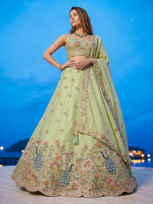 Women's Limegreen Organza Zarkan, Multi-Color Thread, Golden Sequin Embroidered Lehenga Choli with Dupatta