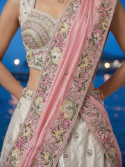 Women's White and Pink Chiffon Beads with Embroidered Lehenga Choli with Dupatta