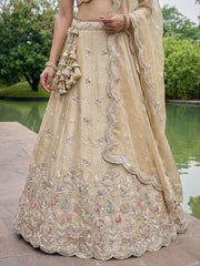 Women's Beige Tissue Mirror sequince Embroidered Lehenga Choli with Dupatta