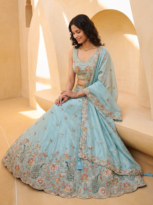 Women's Aqua Blue Organza Zarkan, Multi-Color Thread, Golden Sequin Embroidered Lehenga Choli with Dupatta