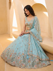 Women's Aqua Blue Organza Zarkan, Multi-Color Thread, Golden Sequin Embroidered Lehenga Choli with Dupatta