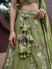 Women's Pista Tissue Woolen Embroidered Lehenga Choli with Dupatta