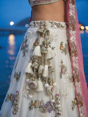 Women's Cream Tissue Woolen Embroidered Lehenga Choli with Dupatta