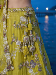 Women's Yellow Tissue Woolen Embroidered Lehenga Choli with Dupatta