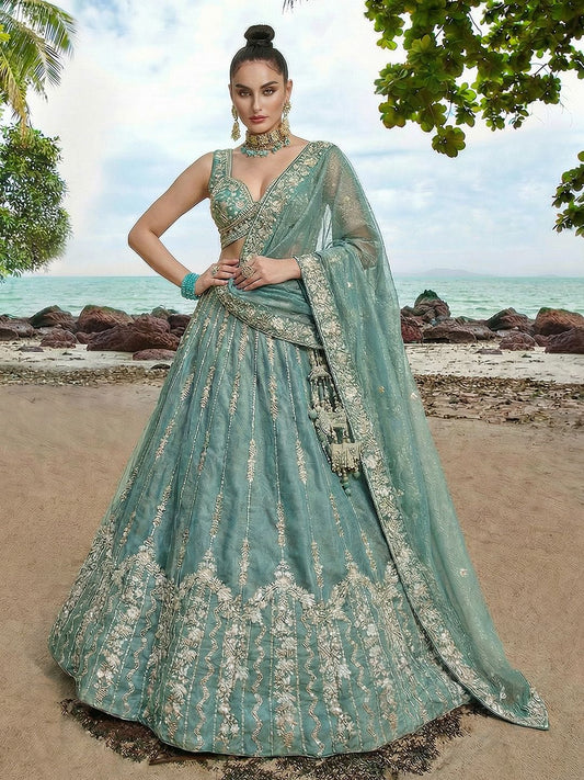 Women's Turquoise Chiffon Beads with Embroidered Lehenga Choli with Dupatta