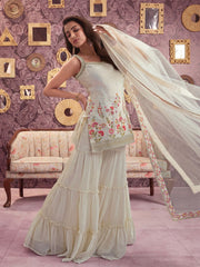 Women Floral Embroidered Regular Sequinned Kurti with Sharara & With Dupatta