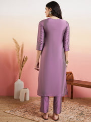 Lavender Geometric Yoke Design Regular Gotta Patti Kurta With Trousers