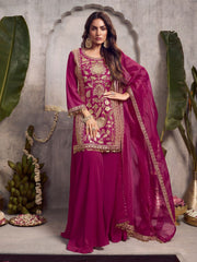 Floral Embroidered Sequinned Kurta With Palazzos & Dupatta