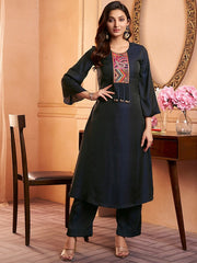 Navy Blue Ethnic Motifs Yoke Design Regular Thread Work Kurta with Trousers