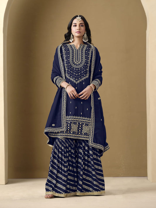 Blue Embroidered Art Silk Gharara Style Suit
