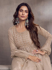 Ethnic Motifs Embroidered Pleated Zari Organza Kurta With Palazzos & Dupatta