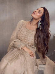 Ethnic Motifs Embroidered Pleated Zari Organza Kurta With Palazzos & Dupatta