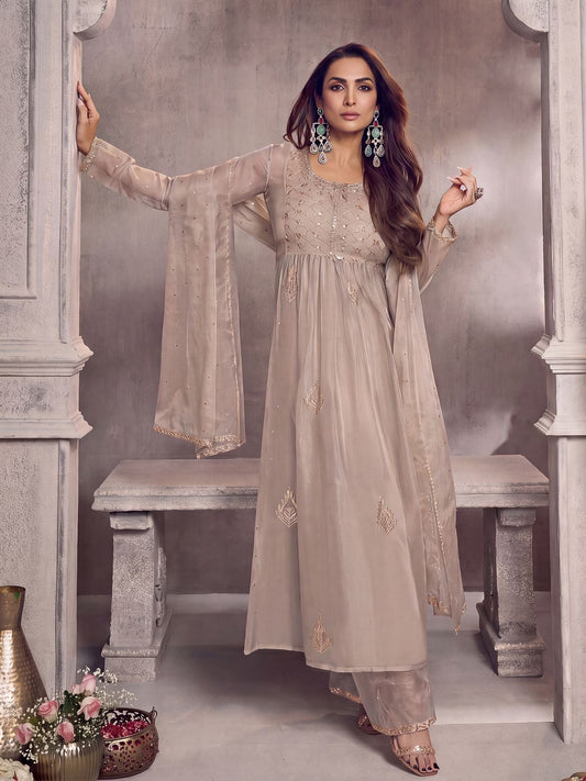 Ethnic Motifs Embroidered Pleated Zari Organza Kurta With Palazzos & Dupatta