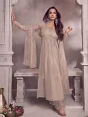 Ethnic Motifs Embroidered Pleated Zari Organza Kurta With Palazzos & Dupatta