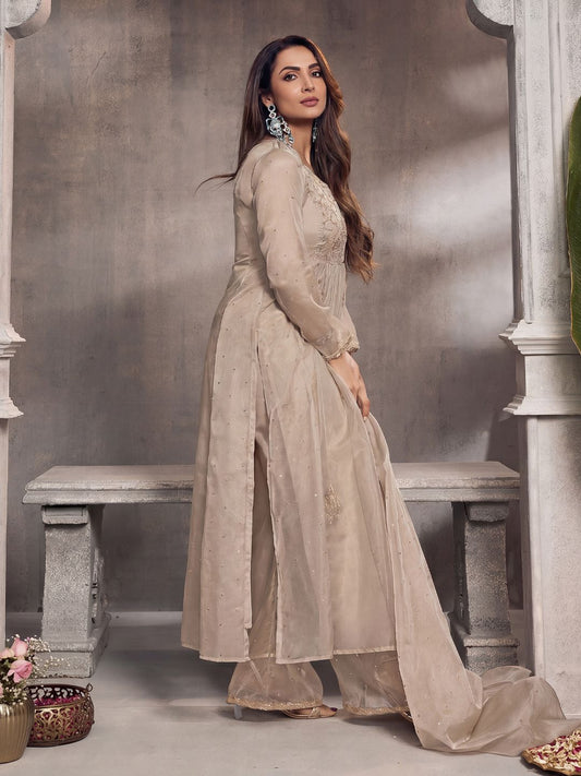 Ethnic Motifs Embroidered Pleated Zari Organza Kurta With Palazzos & Dupatta