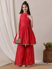 Girls Ethnic Motifs Pleated Chanderi Cotton Kurta with Sharara