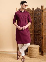 Maroon Roll-Up Sleeves Pathani Kurta With Pyjama