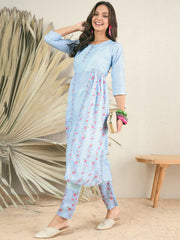 Blue Floral Printed Round Neck Regular A-Line Kurta With Trousers