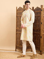 Yellow Geometric Embroidered Mandarin Collar Straight Kurta