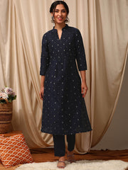 Women Navy Blue Ethnic Woven Design Stright Kurta