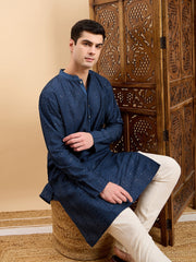 Navy Blue Striped Embroidered Mandarin Collar Straight Kurta