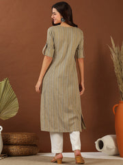 Beige Ethnic Woven Design Roll Up Sleeves Pleated Cotton A-Line Kurta
