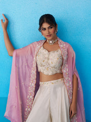 Cream Viscoce Beads Embroidered Crop Top with Flared Cape and Palazzo Set