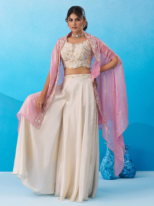 Cream Viscoce Beads Embroidered Crop Top with Flared Cape and Palazzo Set