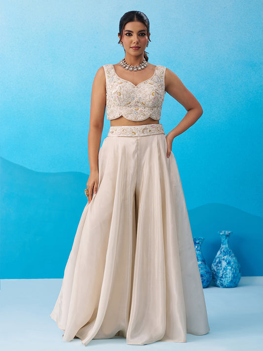 Cream Viscoce Beads Embroidered Crop Top with Flared Cape and Palazzo Set