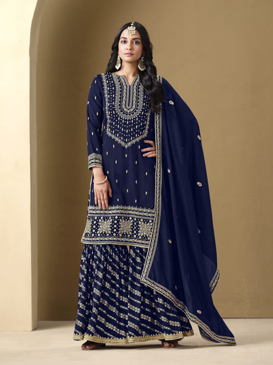 Blue Embroidered Art Silk Gharara Style Suit