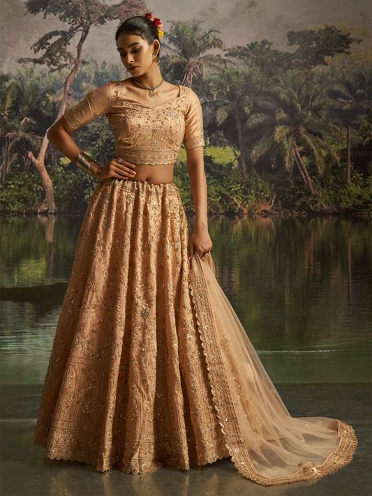 Peach Gota Silk Dori, Zarkan & Sequins Embroidered Wedding Lehenga