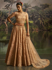 Peach Gota Silk Dori, Zarkan & Sequins Embroidered Wedding Lehenga