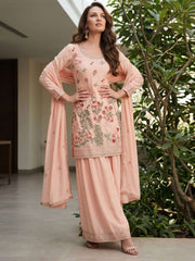 Peach Chinon Embroidery Palazzo Style Kurta Set