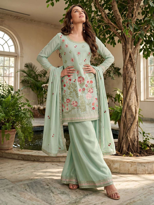 Green Chinon Embroidery Palazzo Style Kurta Set