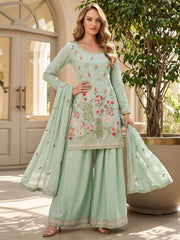 Green Chinon Embroidery Palazzo Style Kurta Set
