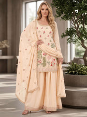 Cream Chinon Embroidery Palazzo Style Kurta Set
