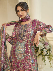 Magenta Crepe Silk Aari Gota Printed Beads Palazzo Suit