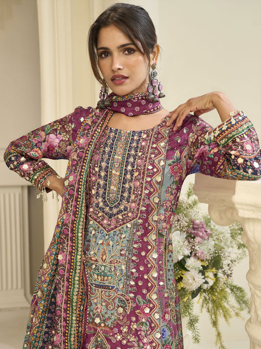 Magenta Crepe Silk Aari Gota Printed Beads Palazzo Suit
