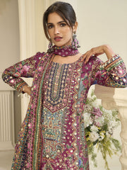 Magenta Crepe Silk Aari Gota Printed Beads Palazzo Suit