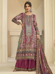 Magenta Crepe Silk Aari Gota Printed Beads Palazzo Suit