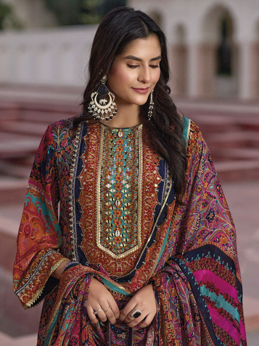 Red And Blue Multi Embroidered Pakistani Suit